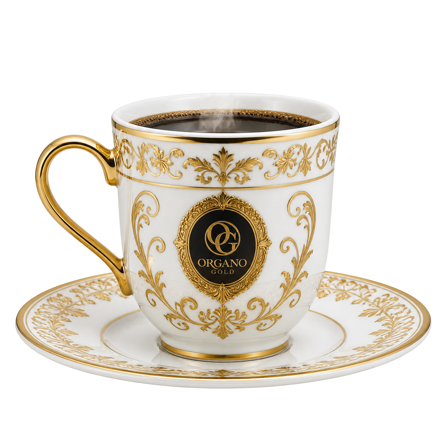 Ornate gold Organo Gold coffee cup and saucer with steam rising