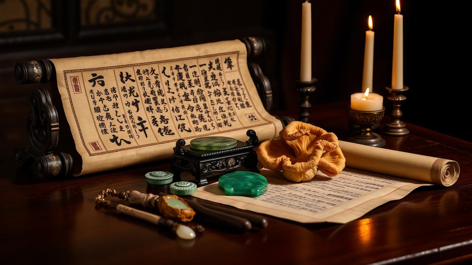 Ancient Chinese scroll with reishi mushroom and jade artifacts