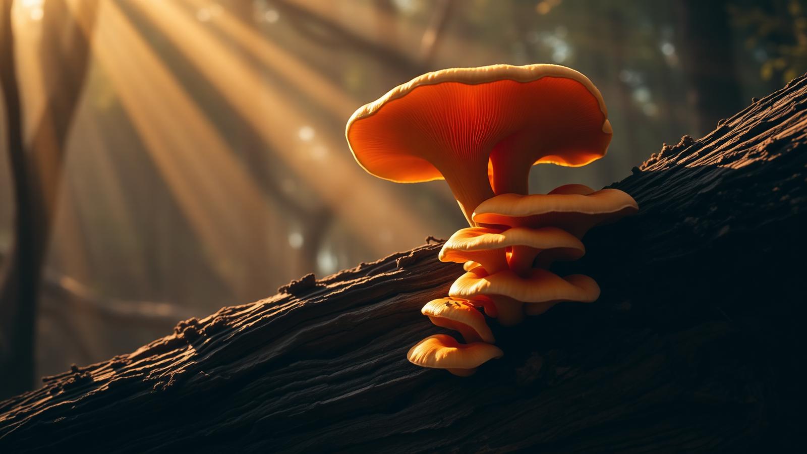 Ganoderma lucidum reishi mushroom in a misty forest with sun rays