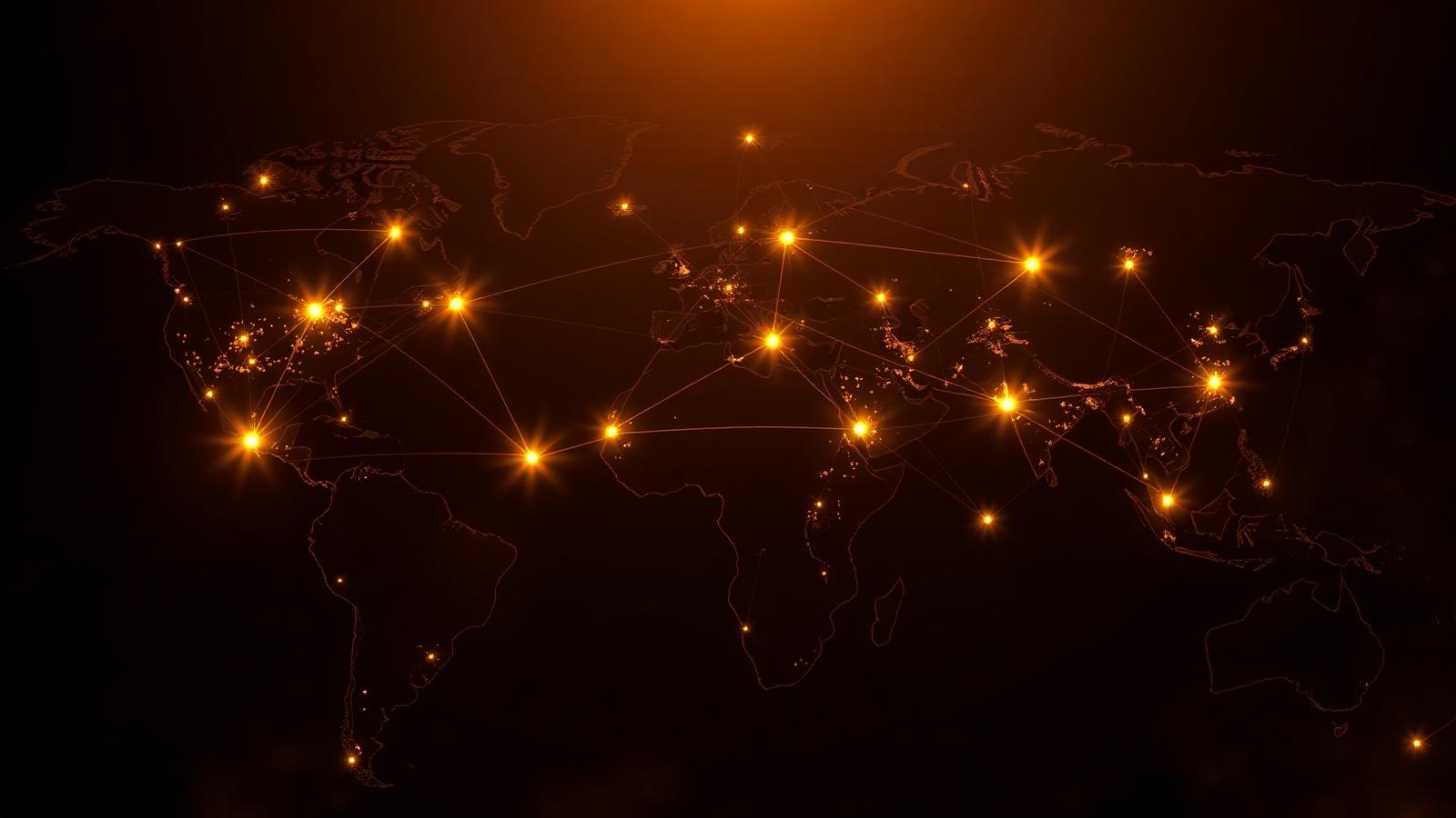 Glowing gold network lines connecting cities on a world map