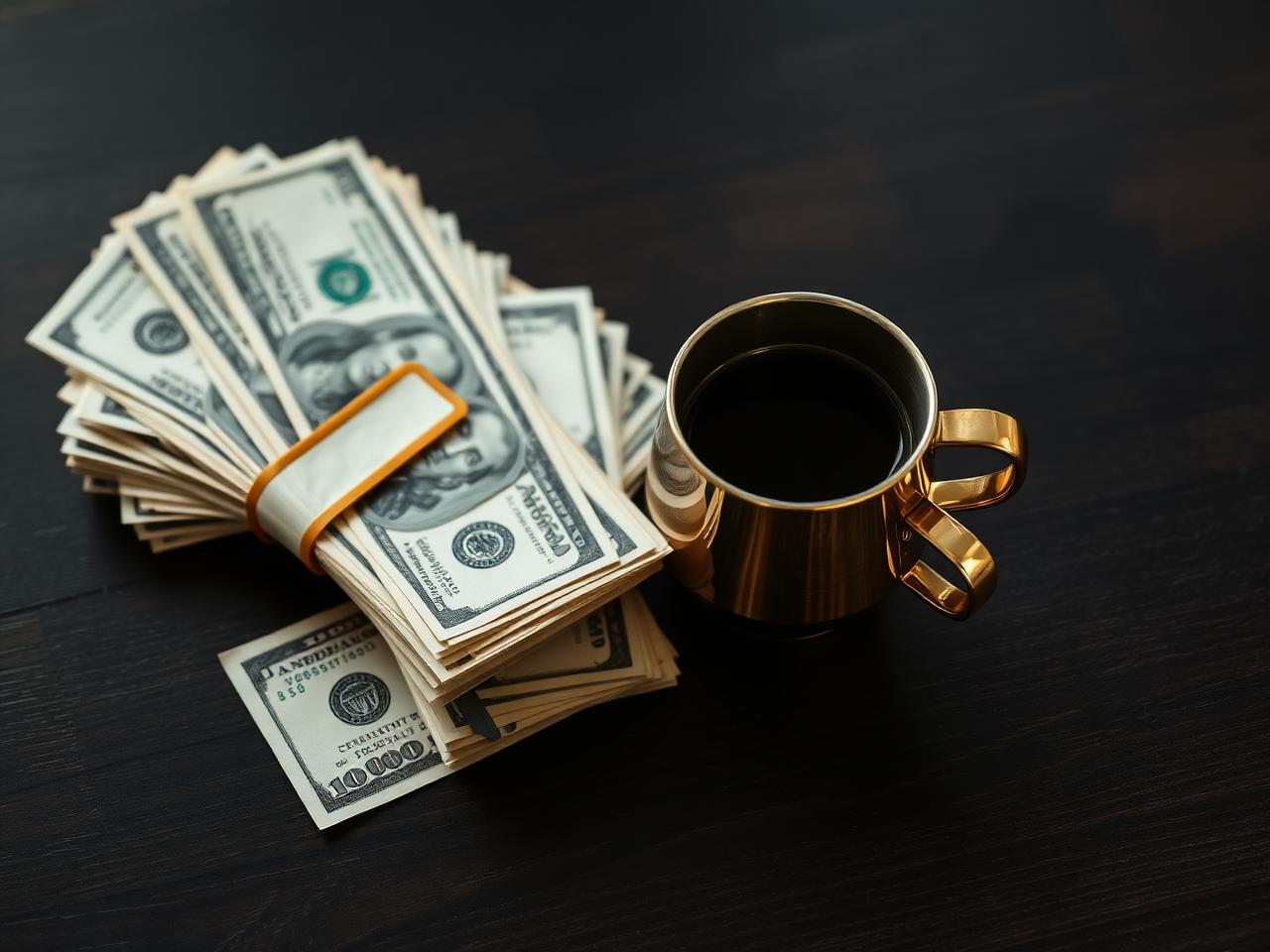 Stacks of cash with coffee cup