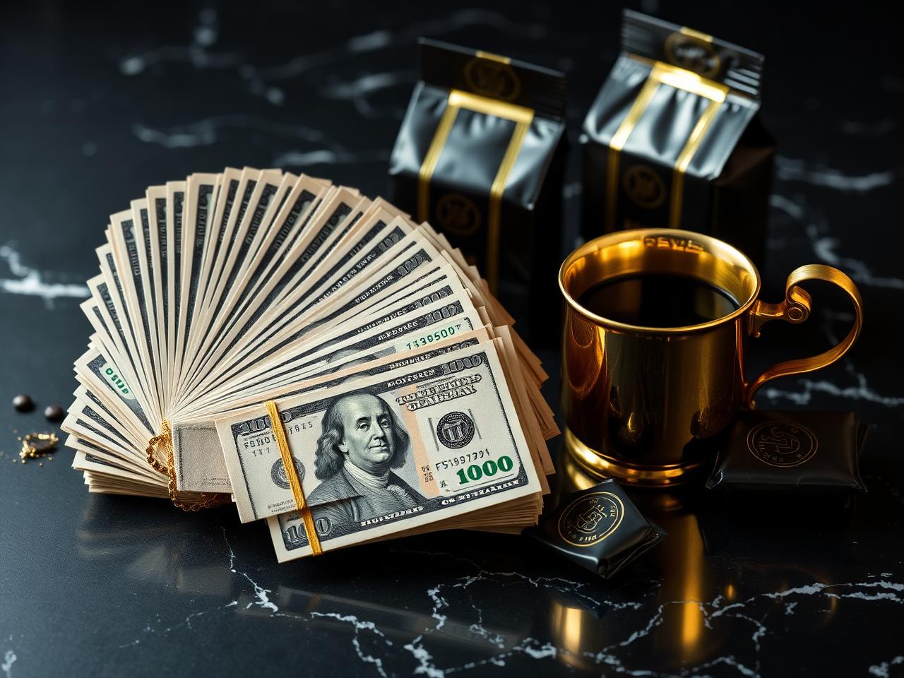 Coffee beside cash and gold