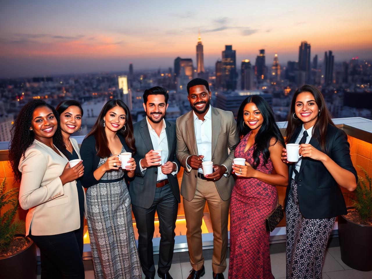 Rooftop celebration with city lights